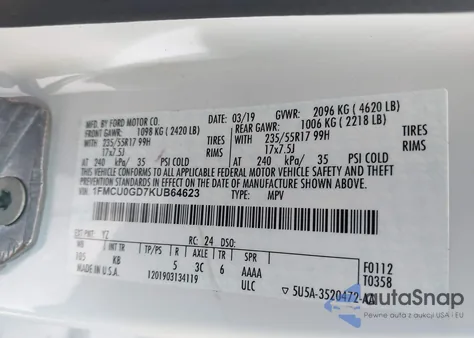 2019 Ford Escape Se from USA, damaged, VIN 1FMCU0GD7KUB64623